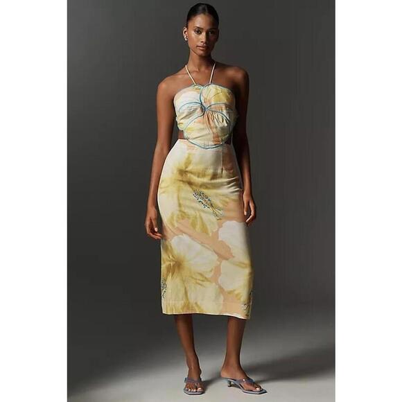 Farm Rio Floral Linen Blend Halter Neck Midi Dress Size L Yellow Ivory - Picture 1 of 3
